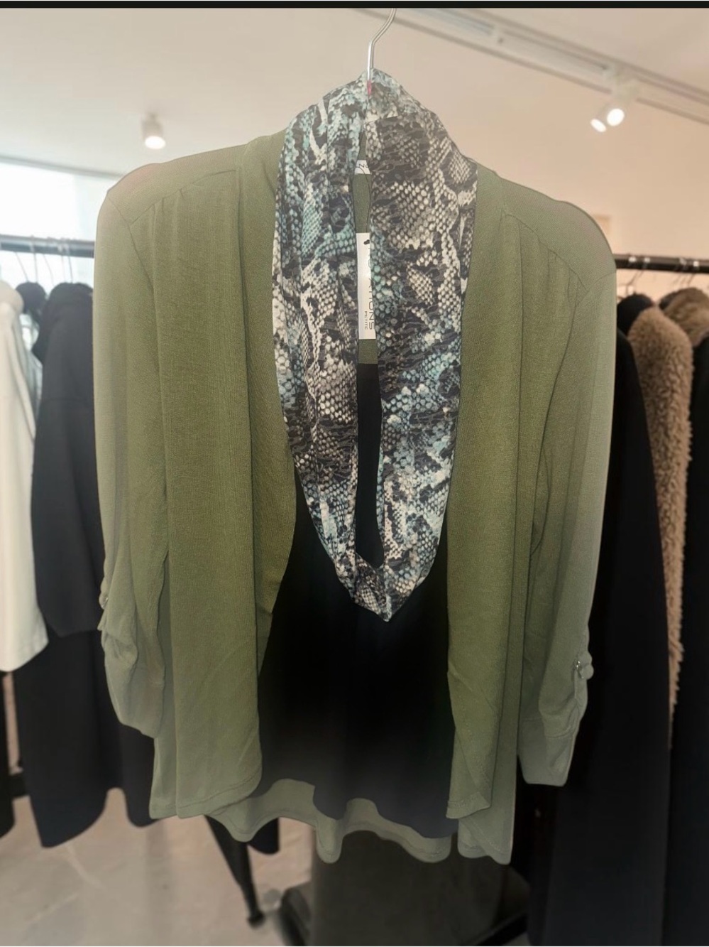 Notations Olive Green Cardigan with Snake print scarf. Size PM.
